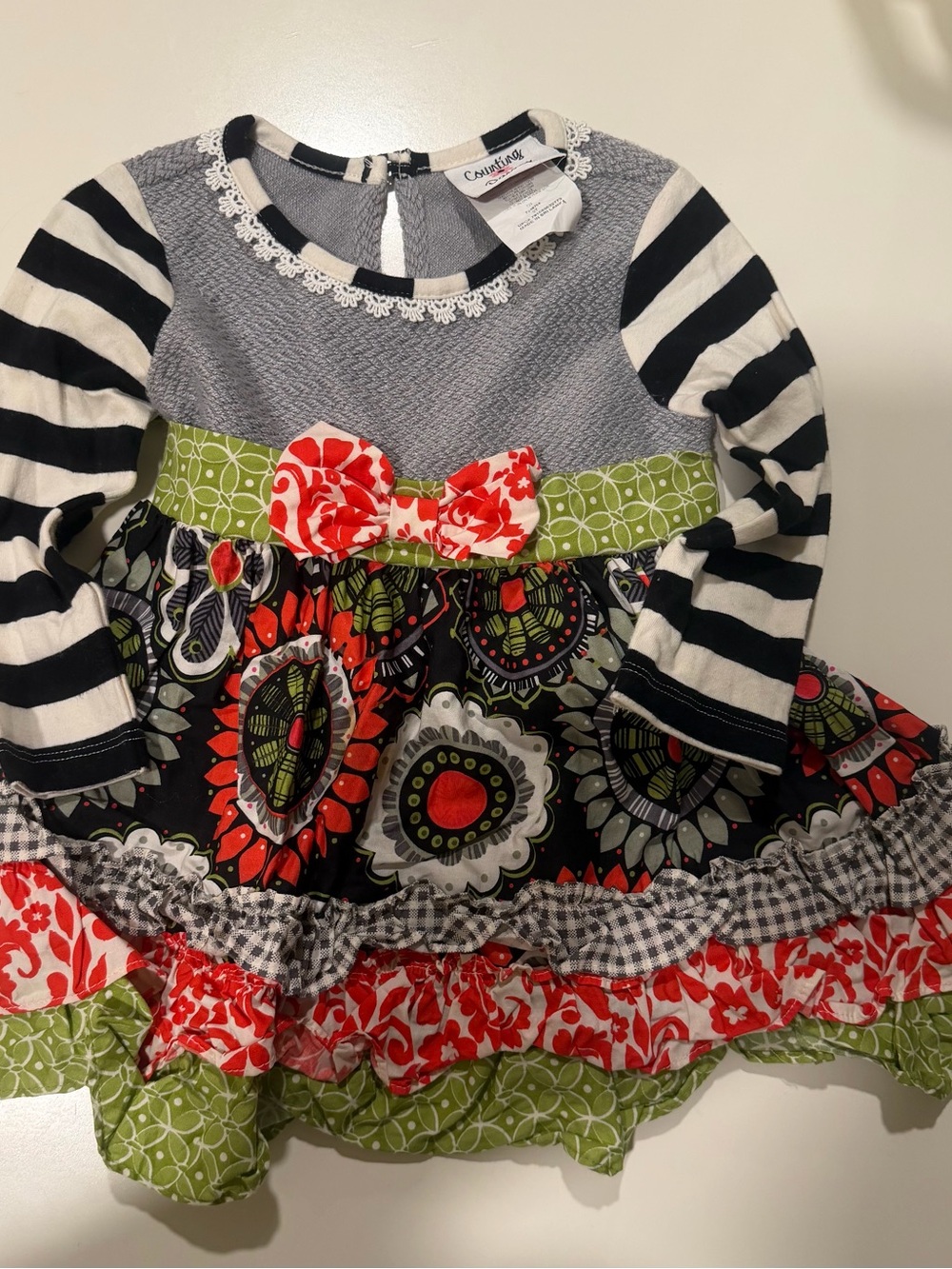 Cat & Jack Black, White & Green Mixed-Print Long Sleeve Dress